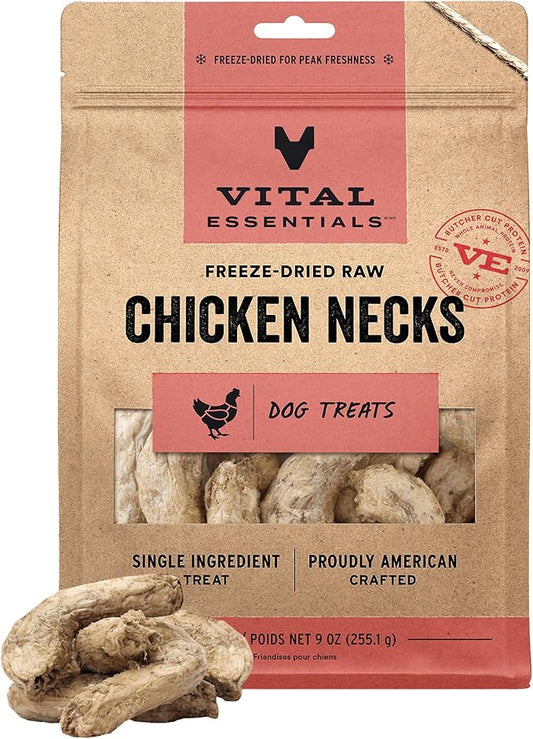 Vital Essentials Chicken Necks Dog Treats, 9 oz | Freeze-Dried Raw | Single Ingredient | Premium Quality High Protein Training Treats | Grain Free, Gluten Free, Filler Free