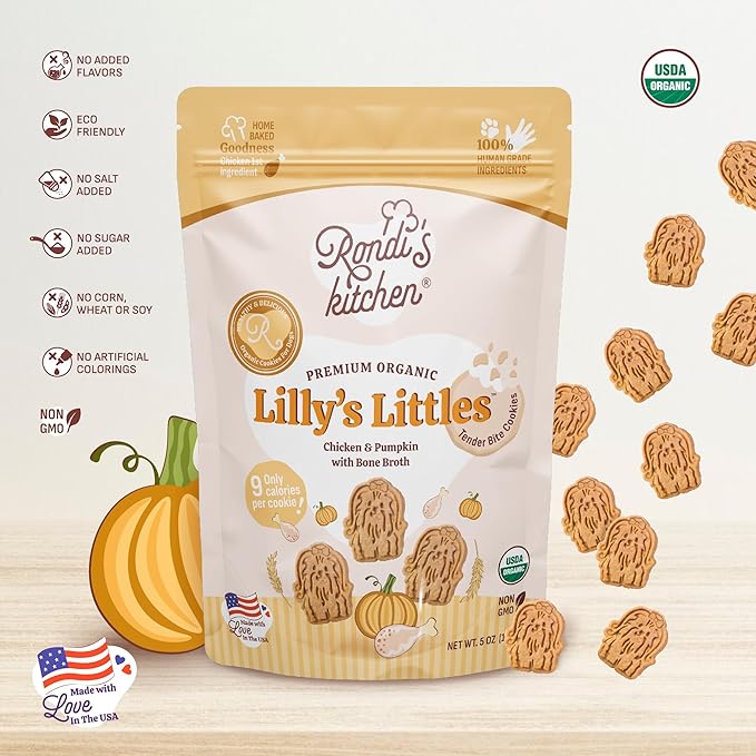 Rondi's Kitchen Lilly's Littles All-Natural & Organic Healthy Soft Dog Treats, Healthy Snacks for Small Dogs, Puppies, and Seniors, Tender Bite Cookies, Human Grade - Chicken & Pumpkin
