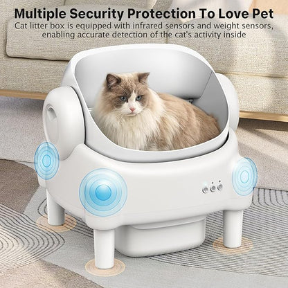 Self Cleaning Litter Box,Open Top Automatic Litter Box with App Control for Multiple Cats, Safety Sensors Protection, Odor Control Includes 2 roll Liners,Large Waste Bin, Cream White