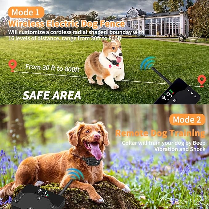 Wireless Dog Fence Dog Training Collar 2 in 1, Electric Pets Boundary Containment System, Adjustable Range Control, Waterproof Receiver, Vibration & Shock, Suitable for All Stubborn Dogs,for3dogs
