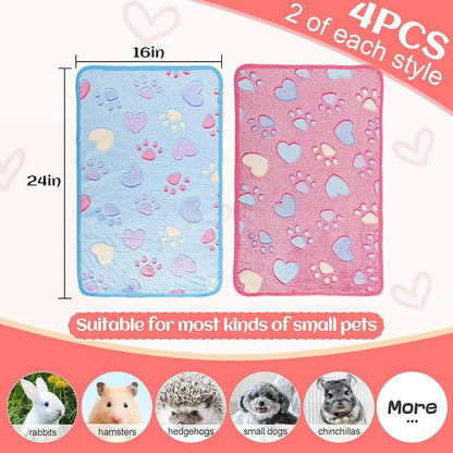 Guinea Pig Blanket, 4 Pack Warm Soft Coral Fleece Small Animal Blankets Washable Pet Cage Liners Sleep Mat Pad Cover for Rabbit Hamster Dog Cat Ferret Chinchilla Hedgehog Bedding, 24" x 16"
