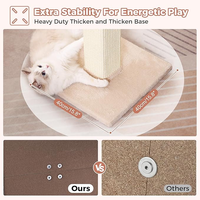Large Cat Scratching Post with Heavy Duty Base 33" Sturdy Square Sisal Scracher Post and 2 Interactive Hanging Balls for Big Cats-Beige
