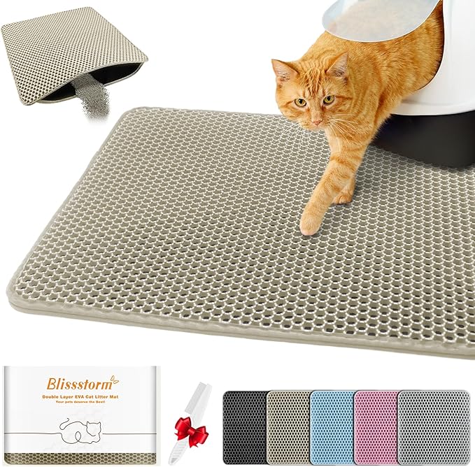 Waterproof Cat Litter Mat, Double Layer EVA, Odor-Free Large Grid, Urine Proof, Easy Cleanup (Khaki, 12 x 18)