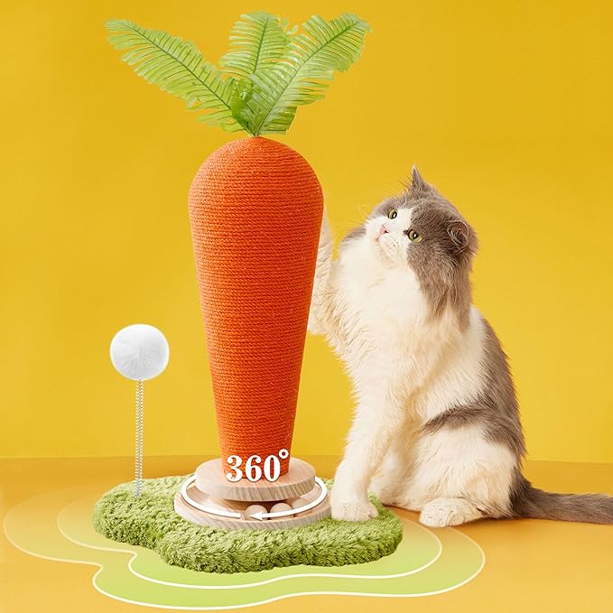 Cute Cat Scratching Post, Carrot Cat Scratcher Post with Durable Natural Wooden Turntable Toy and Catnip, 24'‘ H Carrot Shape Design Sisal Cat Tree Sisal Scratcher for Indoor Cats (Cloud Base)