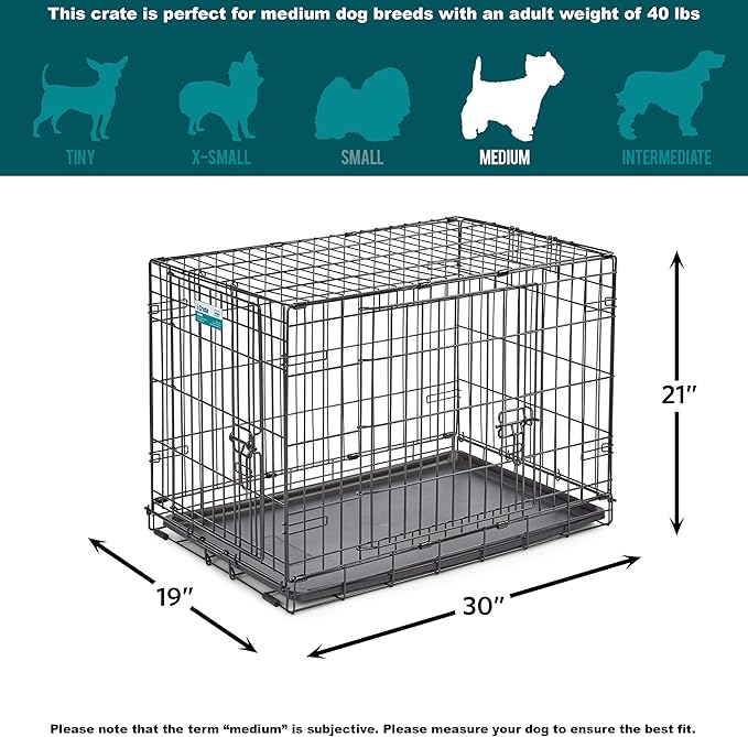 MidWest Homes for Pets 30-Inch Two-Door iCrate Folding Dog Crate with Divider Panel, Leak-Proof Tray & Secure Latches – Metal Wire Kennel for Medium Breeds – Portable, Durable & Easy to Assemble