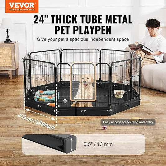 VEVOR Dog Playpen, 8 Pcs 24 x 24 in Panels Foldable Metal Pet Exercise Pen, Dog Fence Indoor and Outdoor Pen with Door, Storage Bag and Bottom Pad, Pet Playpen for Dogs, Cats and Other Small Animals
