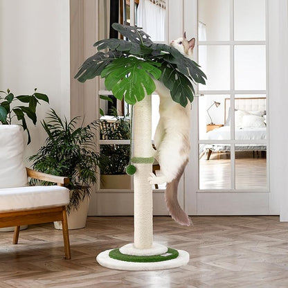 Meowoou Cat Scratching Post for Space-Saving,35” Tall Modern Monstera 3 Layer Cat Tree Tower with Sisal Rope Hanging Interactive Ball for Indoor Cats and Kitten Climbing,Play & Rest