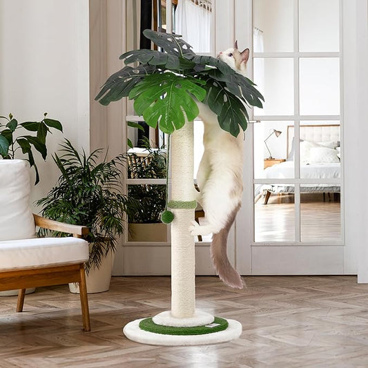 Meowoou Cat Scratching Post for Space-Saving,35” Tall Modern Monstera 3 Layer Cat Tree Tower with Sisal Rope Hanging Interactive Ball for Indoor Cats and Kitten Climbing,Play & Rest