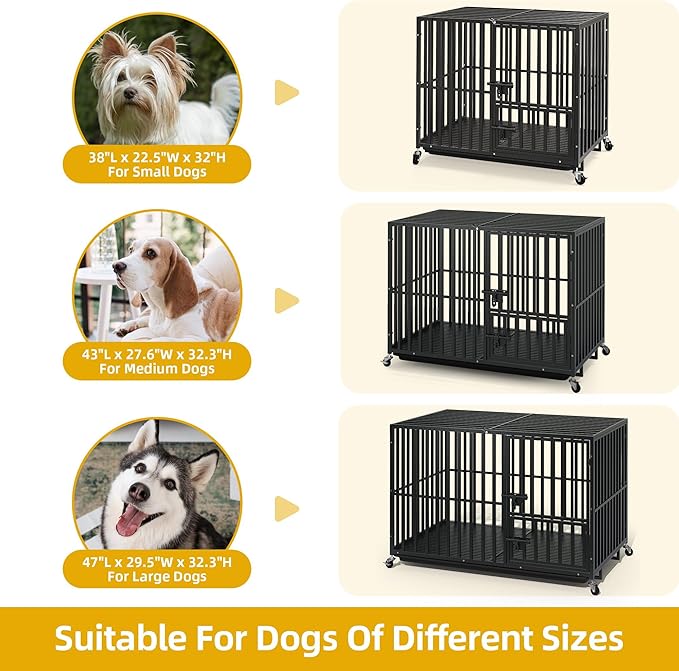 DWVO Heavy Duty Dog Crate, 47 Inch Escape-Proof Dog Cage Indoor Kennel for Medium Large Dogs with Lockable Wheels, 3-Door Design, High Anxiety Dogs Crate with Removable Trays