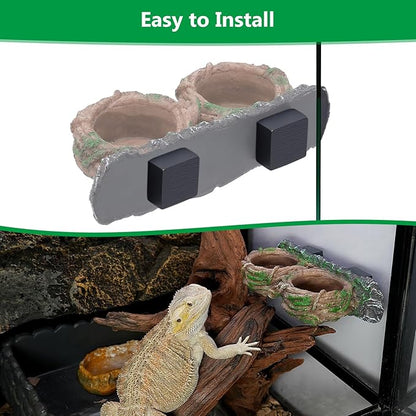 Magnetic Reptile Feeding Ledge, Gecko Feeder Ledge with One Piece Cup, Hollow Vine Food Dish, Reptile Water Bowl for Bearded Dragon Lizard Snake