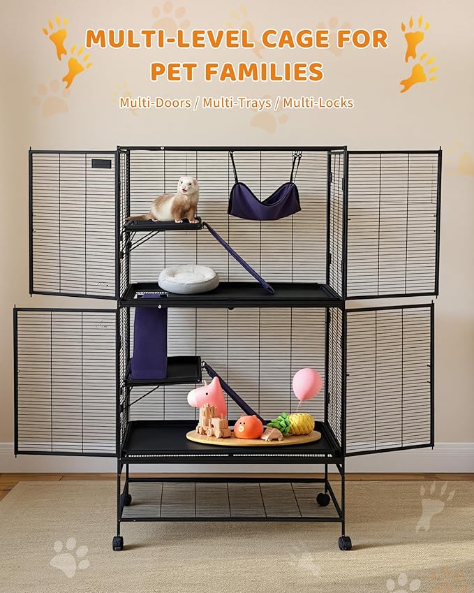 Garvee Small Animal Cage, 64 ''H Deluxe Ferret Cage - 4 Tier Large Chinchilla Cage with Removable Ramp, Hammock, Extra Storage Stand,Removable Tray for Ferret, Chinchilla, Guinea Pig,Hamster
