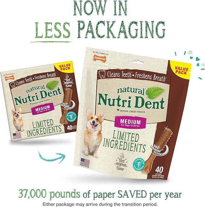 Nylabone Nutri Dent Dog Dental Chews, Natural Teeth Cleaning Dental Treats & Breath Freshener for Dogs, Filet Mignon Flavor, Medium (40 Count)