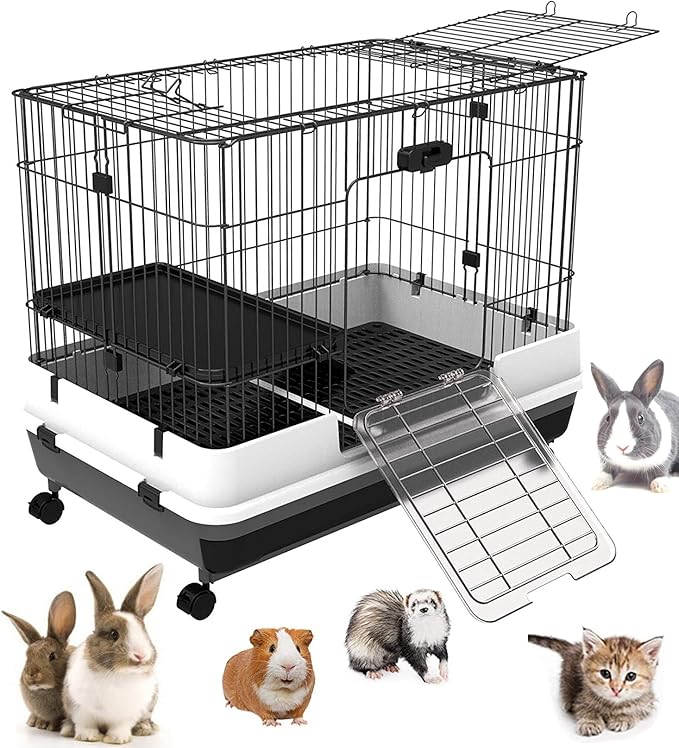 X-Large Deluxe 2-Level in/Outdoor Rabbit Hutch Cage for Ferret Squirrel Chinchilla Solid Platform Ramp Mesh Floor Deep 2-Inch Leakproof Easy Clean Deep Tray Large Access Doors Lockable Casters