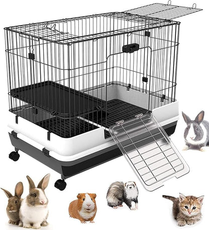 X-Large Deluxe 2-Level in/Outdoor Rabbit Hutch Cage for Ferret Squirrel Chinchilla Solid Platform Ramp Mesh Floor Deep 2-Inch Leakproof Easy Clean Deep Tray Large Access Doors Lockable Casters