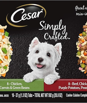 Cesar Simply Crafted Adult Wet Dog Food Meal Topper, Chicken, Carrots & Green Beans and Beef, Chicken, Purple Potatoes, Peas & Carrots Variety Pack, 1.3 oz. (16 Count, Pack of 1)