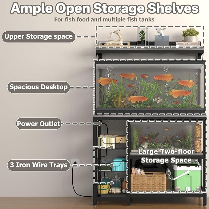 55-70 Gallon Fish Tank Stand,Heavy Duty Metal Large Aquarium Stand with Power Outlets,3 Baskets,2 Storage Shelf, 5-Tier Tank Stand Suitable for Fish Tank,Reptile Tank, Turtle Tank