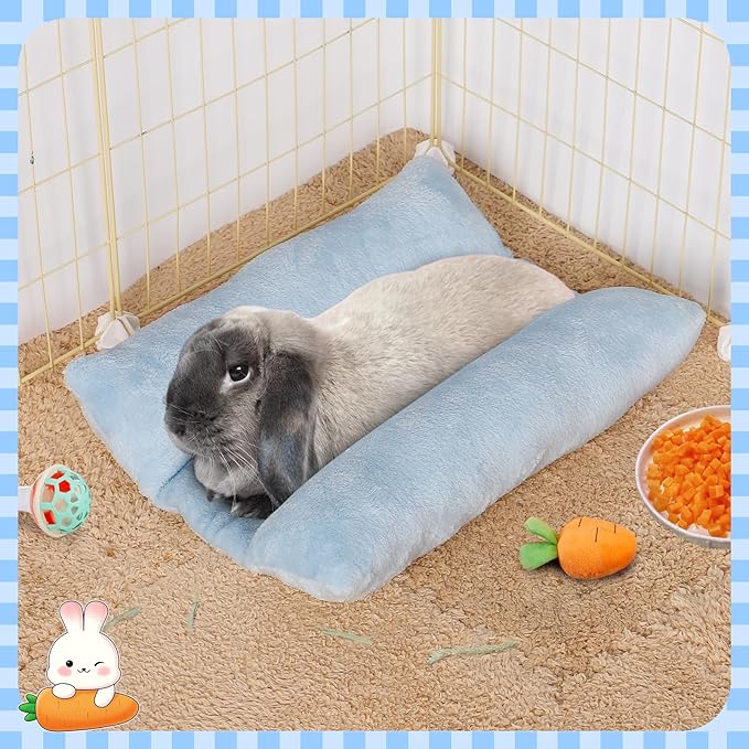 MEWTOGO 15.7 x 14In Rabbit Bed - Thickened Soft Bunny Concave Bed, Cuddle Cushion Plush Mat with Cotton Lounger Pillows, Small Pet Flop Mat for Cage Sleeping Indoor Bunny Gifts, Light Blue