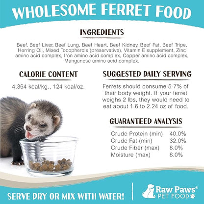 Raw Paws Freeze Dried Ferret Food - Beef Recipe, 16-oz - Made in USA - Grain Free Ferret Diet for Small, Adult, Senior & Baby Ferrets - Natural Ferret Treats for Rewarding & Training - Ferret Food Dry