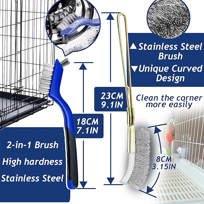 Upgrade 6PCS Cage Cleaner Set,2-in-1 Stainless Steel Pet Cage Brush,Bird Poop Remover,Scraper Tool with Long Handle,Small Animals House Cleaning Accessories,Mini Dustpan and Broom Set (6PCS)