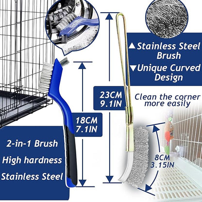 Upgrade 6PCS Cage Cleaner Set,2-in-1 Stainless Steel Pet Cage Brush,Bird Poop Remover,Scraper Tool with Long Handle,Small Animals House Cleaning Accessories,Mini Dustpan and Broom Set (6PCS)