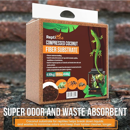 Compressed Coconut Fiber Substrate, 10 lb. Block, Natural Husk Terrarium Bedding, Reptiles, Frogs, Snakes, or Tortoise, Odor and Waste Absorbent Compostable, Organic with High Expansion