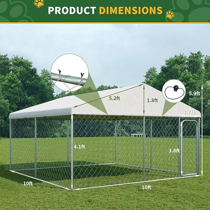 LotFun Large Outdoor Dog Kennel, 10 x 10 FT Heavy Duty Dog Enclosure with Chain Link Fence, UV-Resistant Canopy Cover, Double Lock Security (10 x 10 x 6 in)