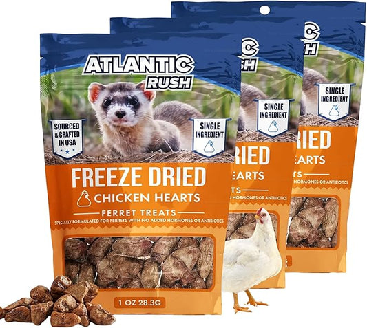 Atlantic Rush Freeze Dried Small Pet Treats - Resealable Bag of Treats for Ferrets - Single Ingredient Ferret Food with No Preservatives Or Fillers- Small Animals Treats (3-1oz, Chicken Heart)
