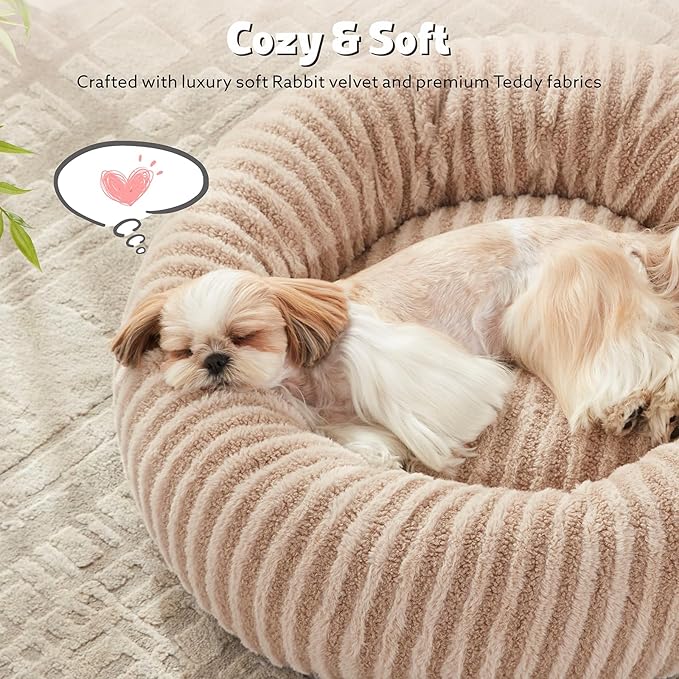 MIXJOY Donut Medium Dog Beds Medium Sized Dogs, Round Pet Beds with Removable Washable Cover, Faux Fur Cat Bed with Anti-Slip Bottom, 30"x30"x8", Beige