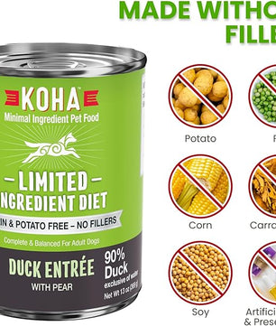 KOHA Limited Ingredient Diet Duck Entrée for Dogs - Sensitive Stomach Canned Dog Food - High Protein, No Fillers Pate Dog Food - 13 oz Pack of 12