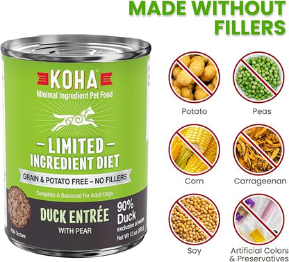 KOHA Limited Ingredient Diet Duck Entrée for Dogs - Sensitive Stomach Canned Dog Food - High Protein, No Fillers Pate Dog Food - 13 oz Pack of 12
