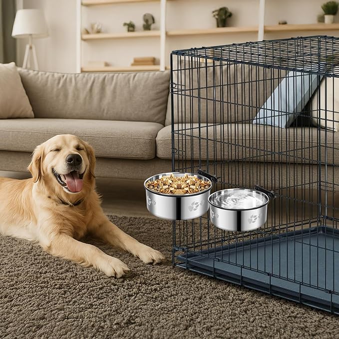 2-in-1 Dog Crate Water Food Bowl No Spill,2 Pack Hanging Dog Bowls for Kennel,Dogs Crate Water Feeder Dish,Stainless Steel Kennel Dogs Bowls Mountable with Non-Slip Bottom for Cats Bunny Ferret Bird
