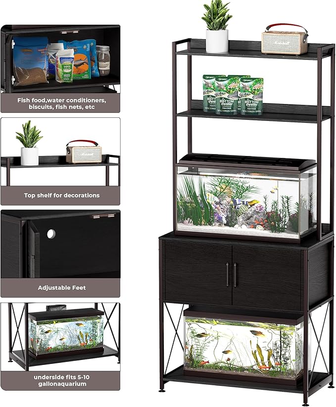 20-29 Gallon Fish Tank Stand, Aquarium Stand with 2 Shelves and Cabinet Accessories Storage, for 20 Gallon Long Aquarium, Metal Frame 32.28" L*16.53" W PG03YGB