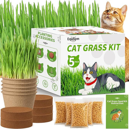 5Pack Cat Grass Seeds Kit - Cat Grass Seeds Growing Set for Indoor Cats, Non GMO Wheat Seed, Nutrient Soil & Planting Tools, Quick Germination, Perfect for Beginners