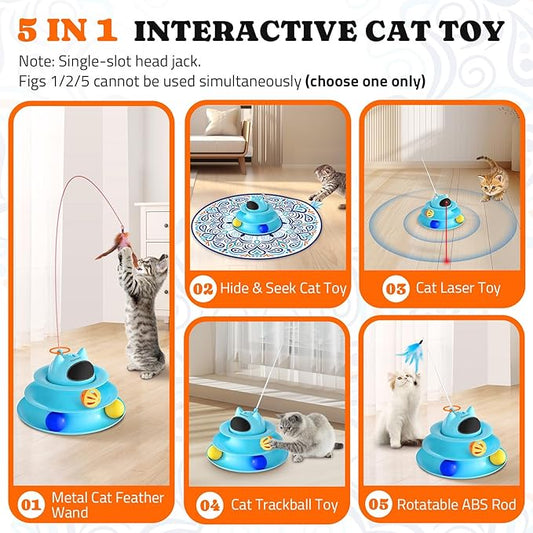 Interactive Cat Toy: 5 in 1 Automatic Cat Toy for Indoor Cats, USB Rechargeable Hide and Seek Toy with PVC Cover, Rotating Feather toys, Battery Operated Kitten Laser Toy with Feather Accessories Blue