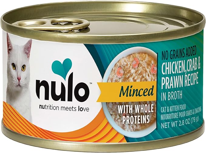Nulo Grain-Free Minced with Whole Proteins Wet Canned Cat and Kitten Food, Chicken, Crab, and Prawn in Broth, 2.8 Ounce, 12 Cans
