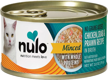 Nulo Grain-Free Minced with Whole Proteins Wet Canned Cat and Kitten Food, Chicken, Crab, and Prawn in Broth, 2.8 Ounce, 12 Cans