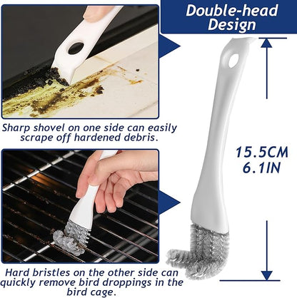 Upgrade 6PCS Cage Cleaner Set,2-in-1 Stainless Steel Pet Cage Brush,Bird Poop Remover,Scraper Tool with Long Handle,Small Animals House Cleaning Accessories,Mini Dustpan and Broom Set (6PCS)