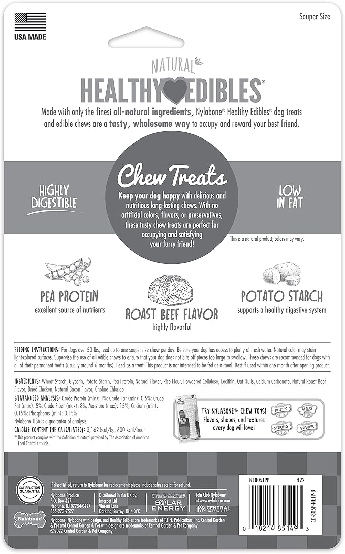 Nylabone Healthy Edibles Natural Dog Chews Long Lasting Roast Beef Flavor Treats for Dogs, X-Large/Souper (2 Count)