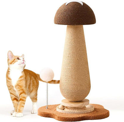 Mushroom Cat Scratching Post Cat Tree, 21.5‘’ H Cute Cat Scratcher Tower with Durable Solid Wood Turntable Toy, Acorn Brown Mushroom Scratch Post Cat Sisal Scratcher with Catnip for Indoor Cats