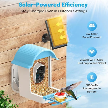 Smart Bird Feeder with Camera, Bird Feeders for Outdoors with Solar Panel, 2K HD Live View, AI Identify, Auto Capture, Instant Notifications, 2.4GHz, IP65 Waterproof, Ideal Gifts for BirdLovers, Blue