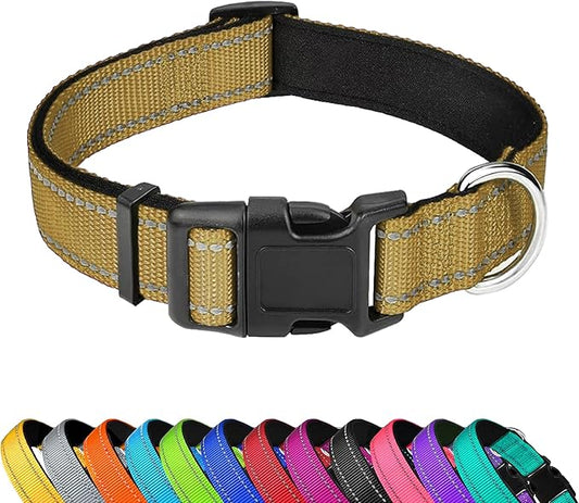 Reflective Dog Collar, Adjustable Soft Neoprene Padded Nylon Pet Collars with Buckle for Medium Dogs, Khaki,M