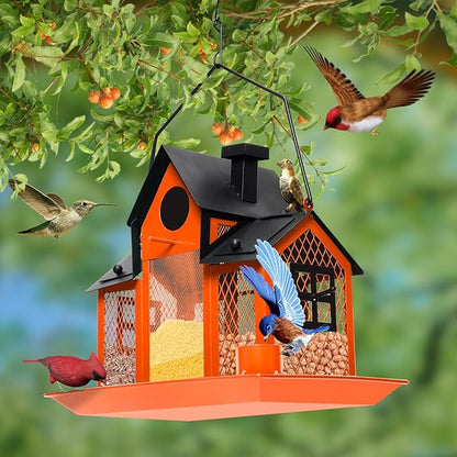 Solar Bird Feeders House for Outdoors Hanging, 7LBS Large Capacity Metal Wild Bird Feeder Squirrel Proof for Outside with Water Cup, Cardinal Birdfeeder Birdhouses Gift for Bird Lovers (Orange)