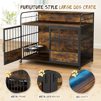 WARCAT Large Furniture Dog Crate, Heavy Duty Dog Crate, Dog Kennel Indoor, Wood Dog Cage Table with Adjustable Lighting Color, Sturdy Metal, 44" L×26" W×37" H, Brown