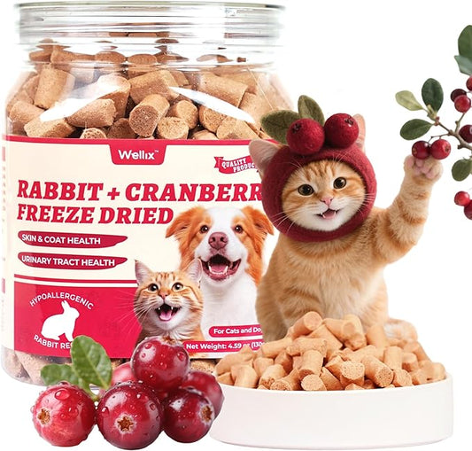 Wellix Rabbit & Cranberry Freeze Dried Raw Topper for Dogs & Cats - Freeze Dried Dog & Cat Treats for Indoor Cats - Hypoallergenic Protein, Cat UTI, Taurine for Dogs, Grain Free