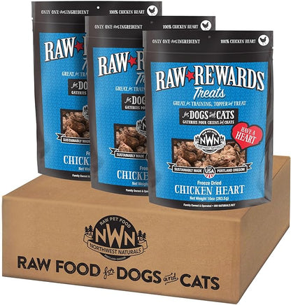 Northwest Naturals Raw Rewards Freeze-Dried Chicken Heart Treats for Dogs and Cats - Bite-Sized Pieces - Healthy, 1 Ingredient, Human Grade Pet Ingredients, Natural, Made in USA, 10 Oz (Pack of 3)