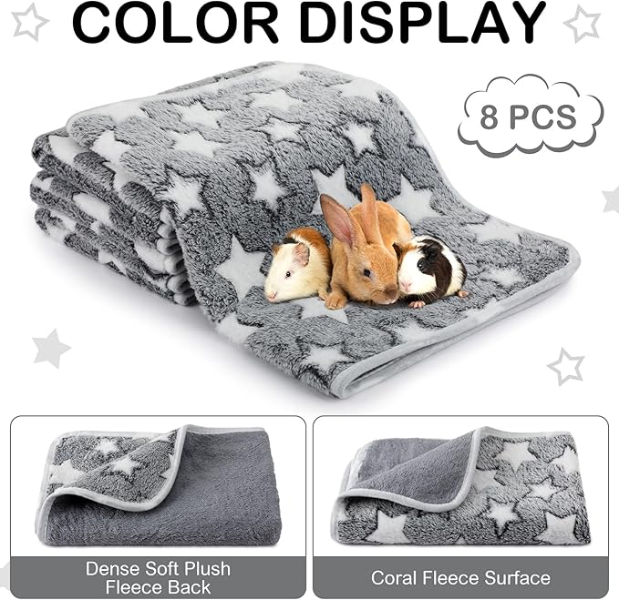 Tudomro 8 Pcs Guinea Pig Bedding Cage Liners Bulk Blankets Small Animal Flannel Throw Bedding Waterproof Absorbent Reusable Pet Pee Sleep Mat Pad Cover for Hamster Ferret(Grey Star,16 x 24 Inch)