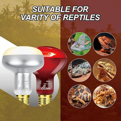 WACOOL 4Pack Reptile Heat Lamp Day & Night Kit 100W, Nature Simulated Basking Daylight & Nightlight UVA Heat Lamp Bulbs for Reptiles & Amphibians