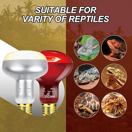 WACOOL 4Pack Reptile Heat Lamp Day & Night Kit 100W, Nature Simulated Basking Daylight & Nightlight UVA Heat Lamp Bulbs for Reptiles & Amphibians