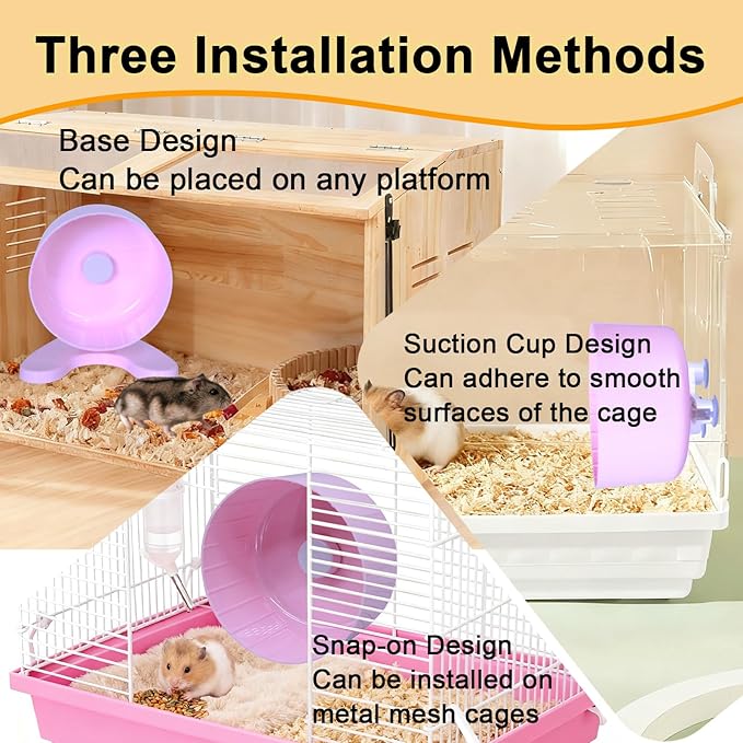 Hamster Wheel, 6.5" Super-Silent Exercise Wheels, Dual-Bearings Quiet Spinner Running Wheels, 3 Installation Methods, Fits Any Hamster Cage, Hamsters Toy for Dwarf Hamsters, Gerbils, and Small Pets.