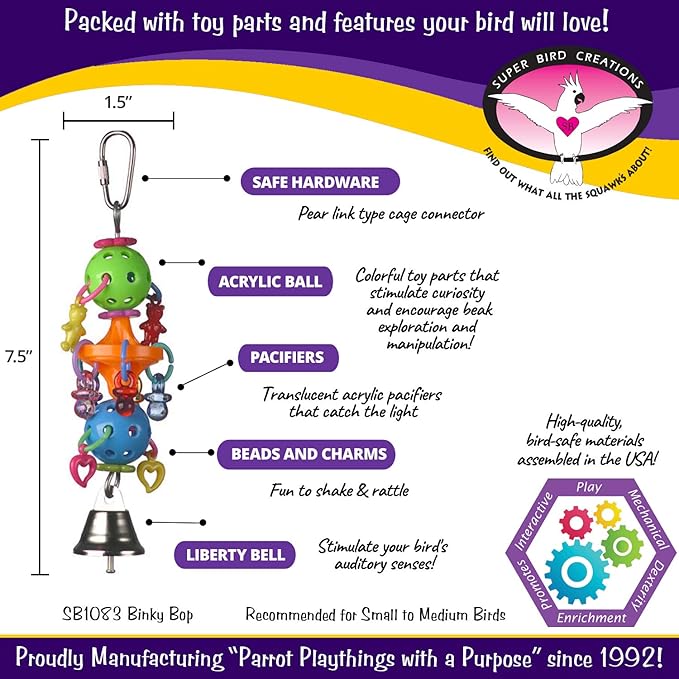 Super Bird Creations SB1083 Binky Bop Bird Toy - Engaging Enrichment Toy for Parrotlets, Parakeets, Cockatiels Toys, Small Plastic Bird Toys with Charms, Ideal for Medium Bird Size, 7.5" x 1.5"